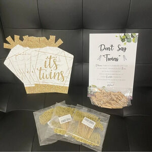 TWINS BABY SHOWER LOT. 10 centerpieces, 72 Cupcake Toppers, 1 Game